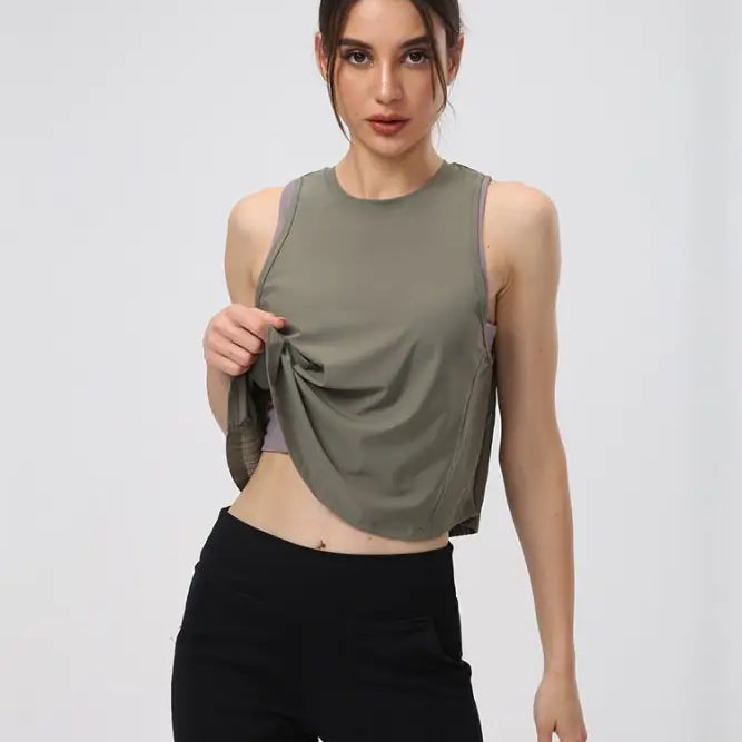 Woman wearing a Chinese Olive Green and Midnight Blue Sporty Nylon Half Waist Blouse