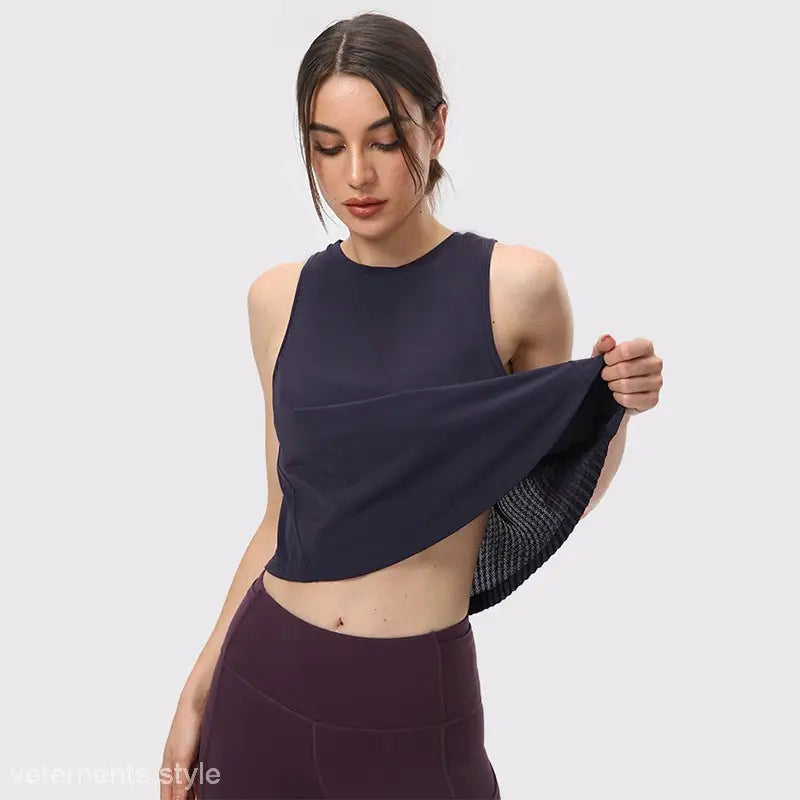 Sleeveless navy crop top with side opening from Sporty Nylon Half Waist Blouse in Midnight Blue