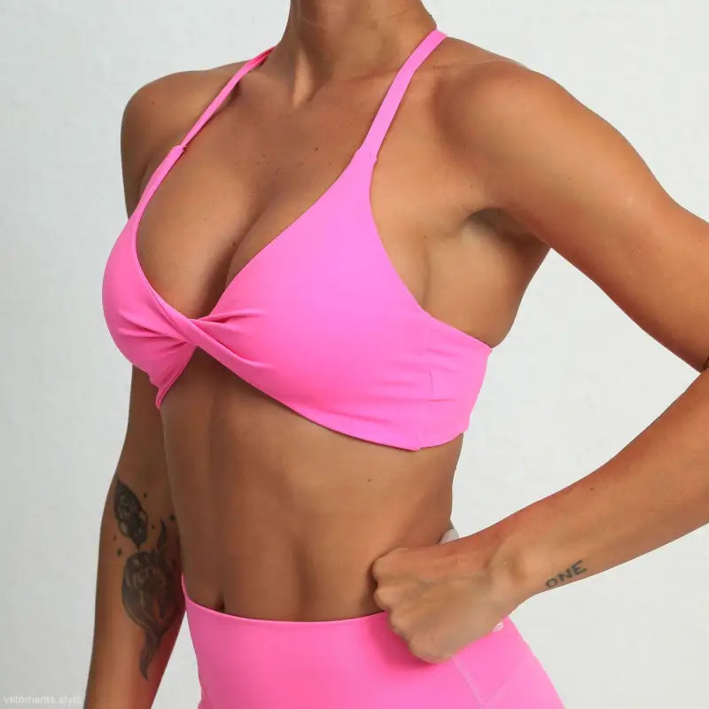Bright pink sports bra in Sporty Nylon Non-Seam Yoga Bra Activewear, featuring Chishi Orange and Klein Blue