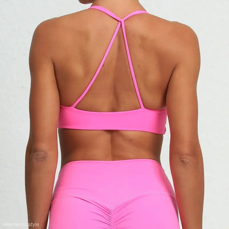 Pink athletic bra and leggings from Sporty Nylon yoga bra activewear in Chishi Orange and Klein Blue