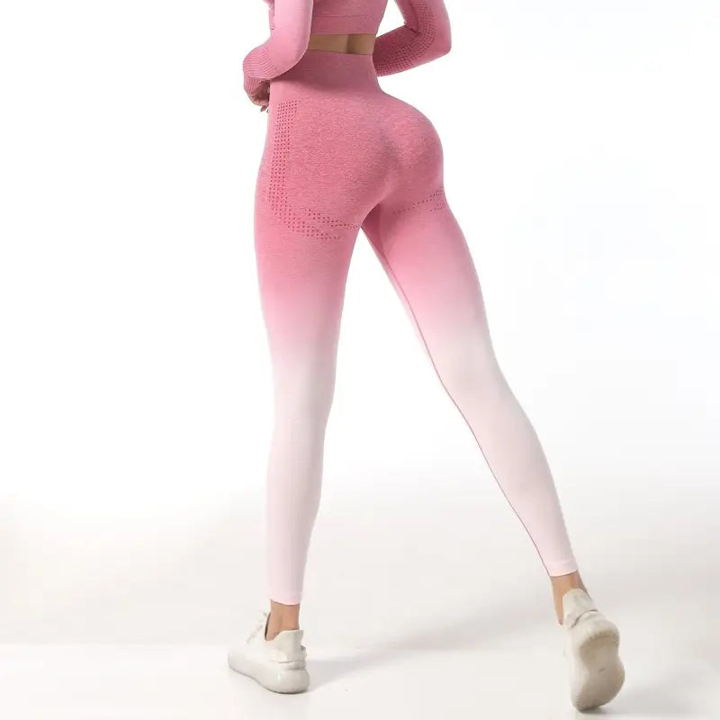 Ombre pink-to-white waist workout pants with seamless textured pattern, perfect for hip flex leggings