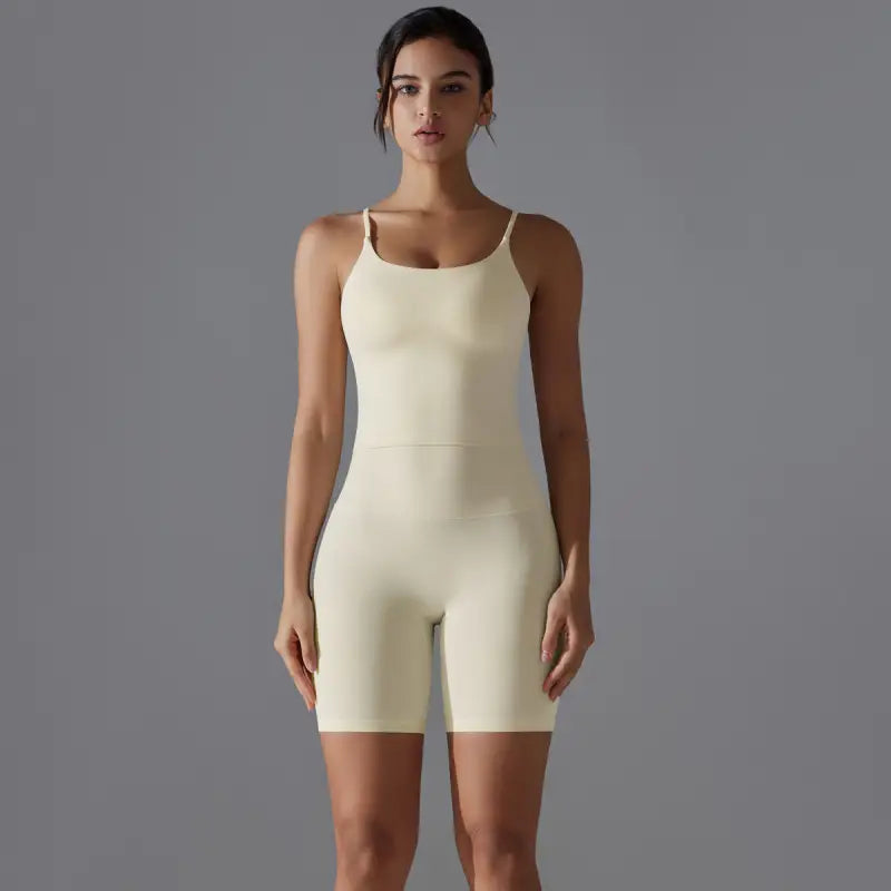 Beige bodysuit with spaghetti straps for summer shorts yoga and yoga shorts set