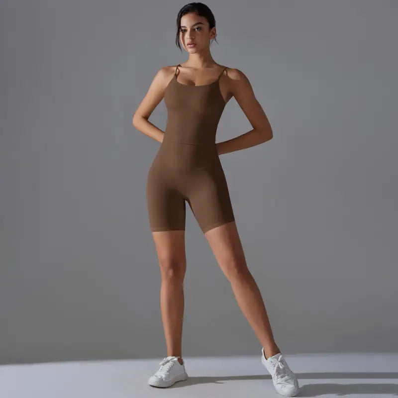 Brown athletic bodysuit from Sporty Nylon Sleeveless High Rise Summer Shorts for Yoga
