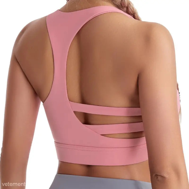 Pink Sporty Nylon Solid Cutout Back Boost Shape Workout Bra with Steel Ring for ultimate support