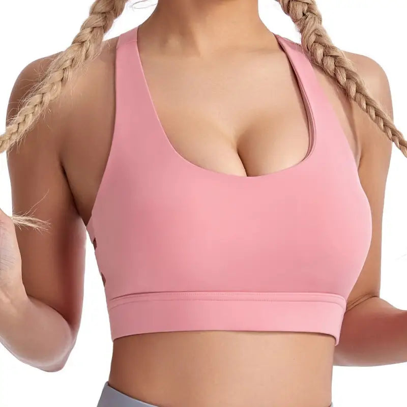 Pink Sporty Nylon Solid Cutout Back Boost Shape Workout Bra featuring a Steel Ring