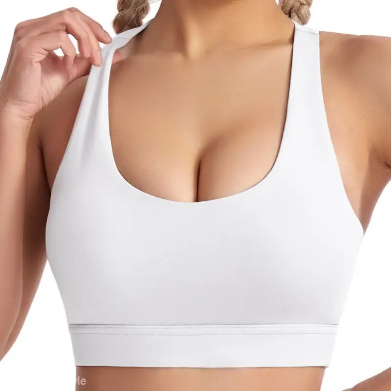 White Sporty Nylon Solid Cutout Back Boost Shape Workout Bra featuring a Steel Ring