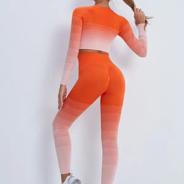 Ombre orange and pink athletic outfit with purple long sleeve, white sneakers, ideal for active wear