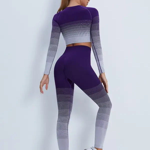 Gradient purple and gray workout set with long sleeve top and leggings, ideal for activewear