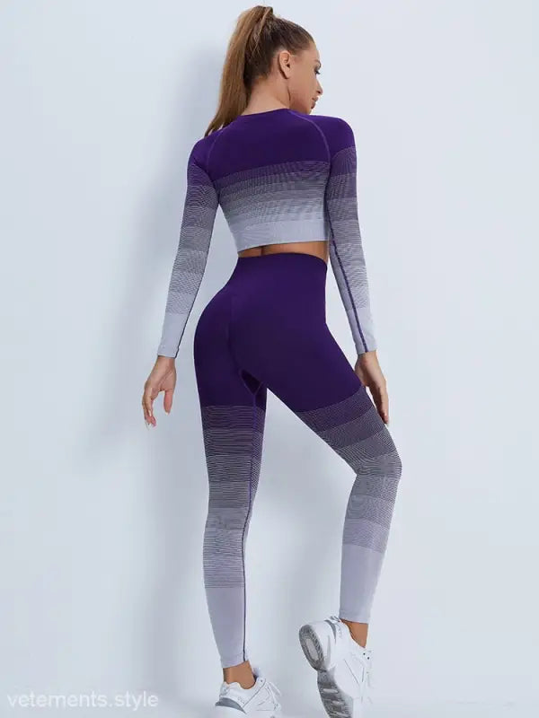 Gradient purple and gray workout set with long sleeve top and leggings, ideal for activewear