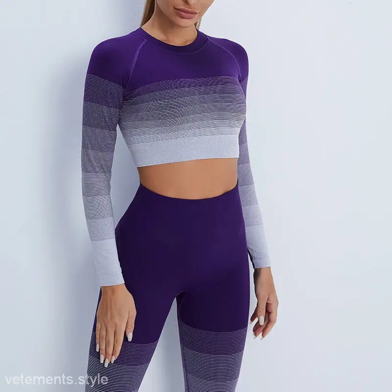 Stylish purple long sleeve crop top with ombre leggings, ideal for activewear