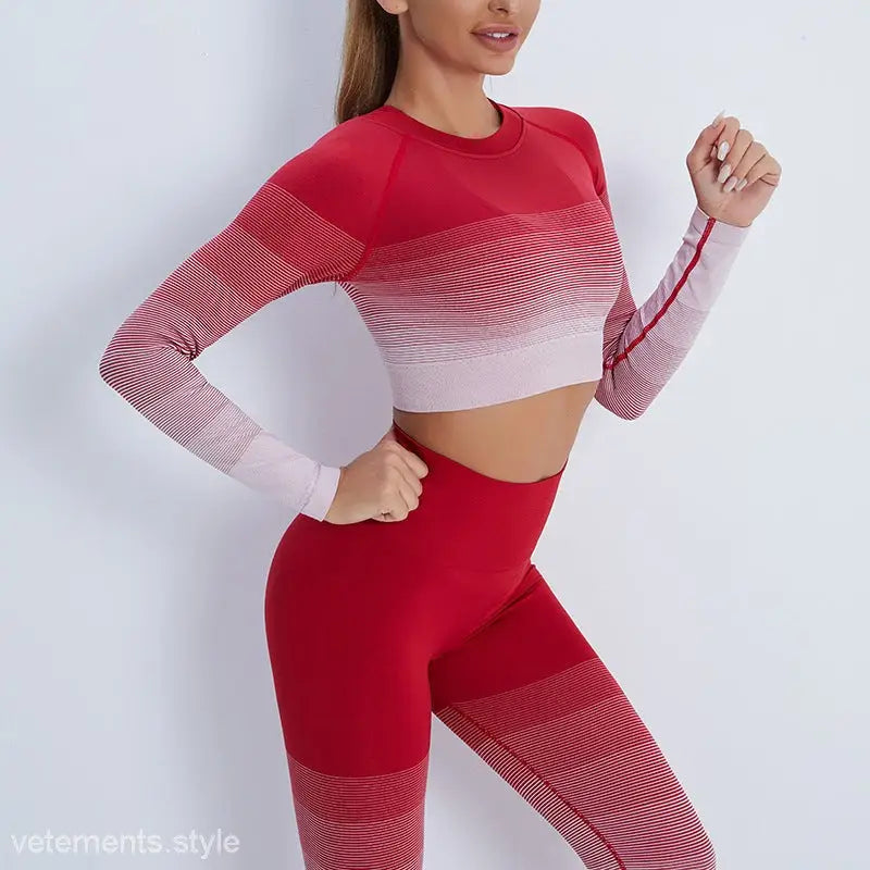 Red ombré workout set with purple long sleeve and orange pink pants, stylish activewear