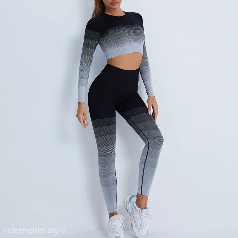 Gradient purple long sleeve crop top with orange pink ombre pants and white sneakers