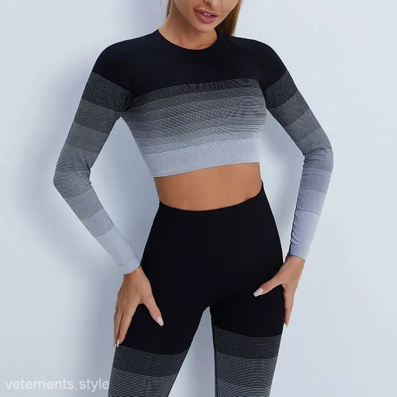 Stylish black men’s trousers and purple long sleeve crop top with gray ombre leggings