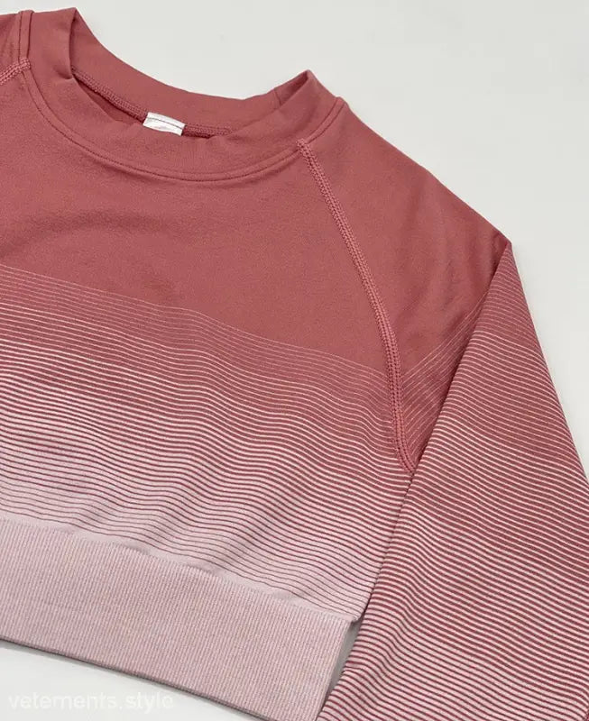 Pink ombré sweatshirt with striped gradient pattern, perfect with black men’s trousers or purple long sleeve