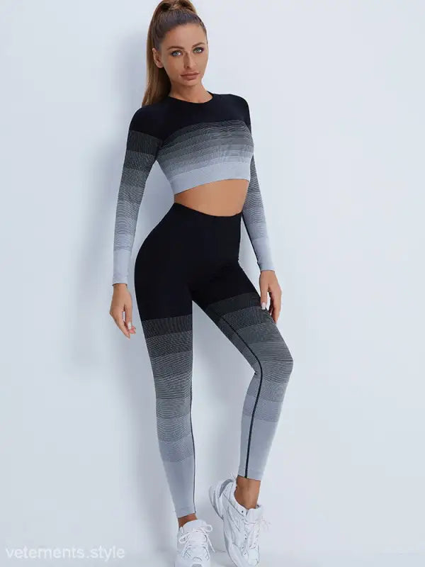 Gradient purple long sleeve crop top with matching ombre high-waisted leggings for active wear