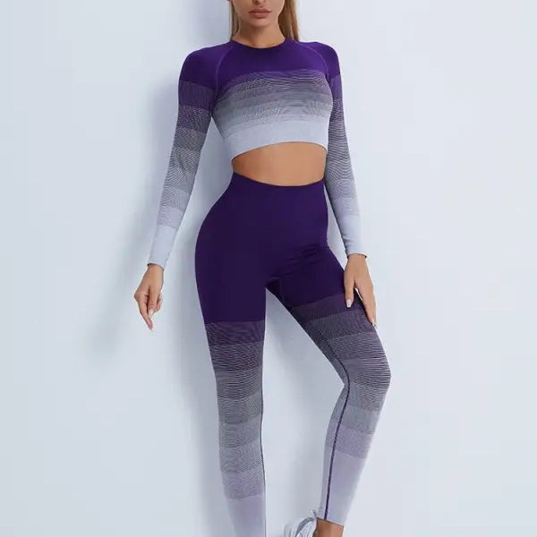 Ombre purple and white workout set with purple long sleeve crop top and high-waisted leggings