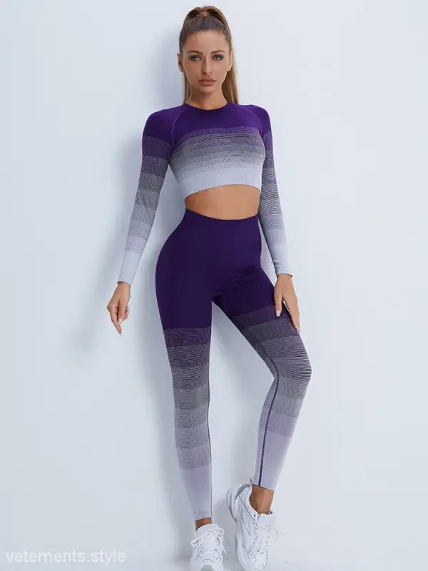 Ombre purple and white workout set with purple long sleeve crop top and high-waisted leggings