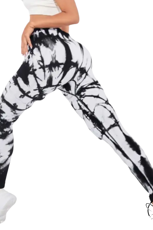 Black and white tie-dye high-waisted jogger pants in quick drying flex dry fitting for black skin color