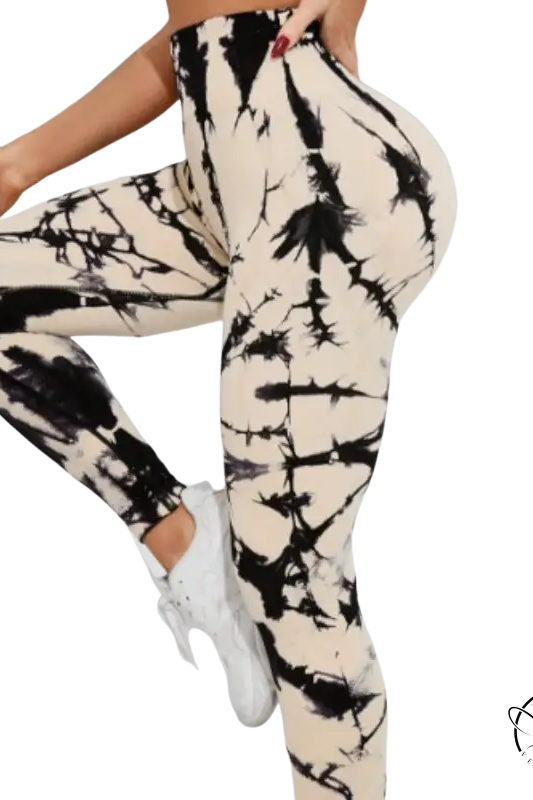Black and cream tie-dye quick drying tight leggings for black skin color