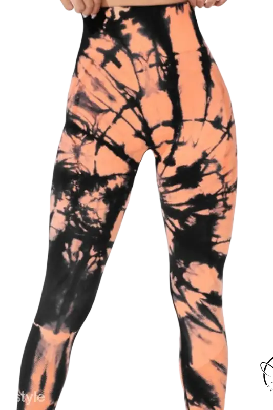 Vibrant orange black tie-dye high-waisted leggings for black skin color, quick drying tight flex dry fitting