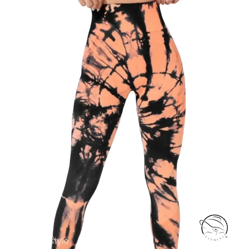 Vibrant orange black tie-dye high-waisted leggings for black skin color, quick drying tight flex dry fitting