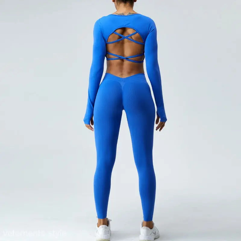 Sporty slim nylon backless tie top in Klein Blue with criss-cross open back design