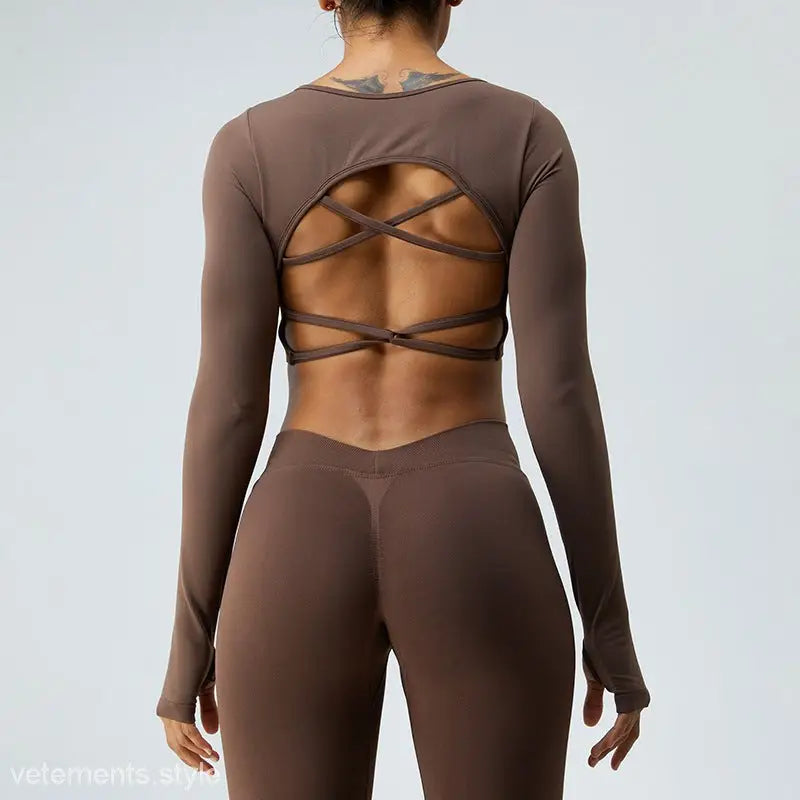 Sporty Slim Nylon Backless Tie Top in Coral Red and Klein Blue with matching leggings for a fit pulse look