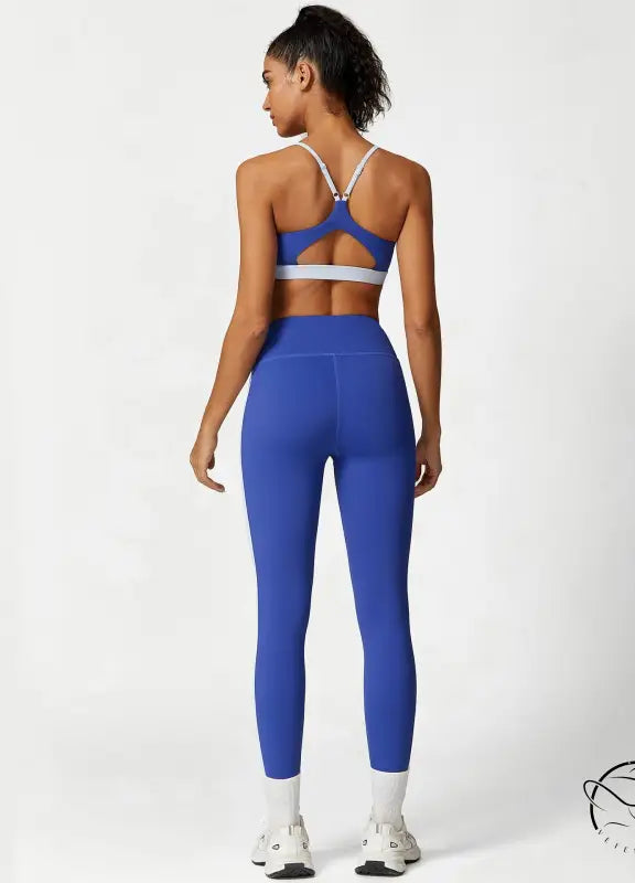 Blue sporty slim nylon color block cutout set for waist hip lift