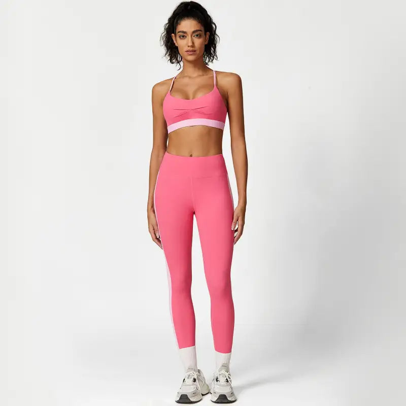 Pink athletic bra and leggings set for waist hip lift in Sporty Slim Nylon Color Block style