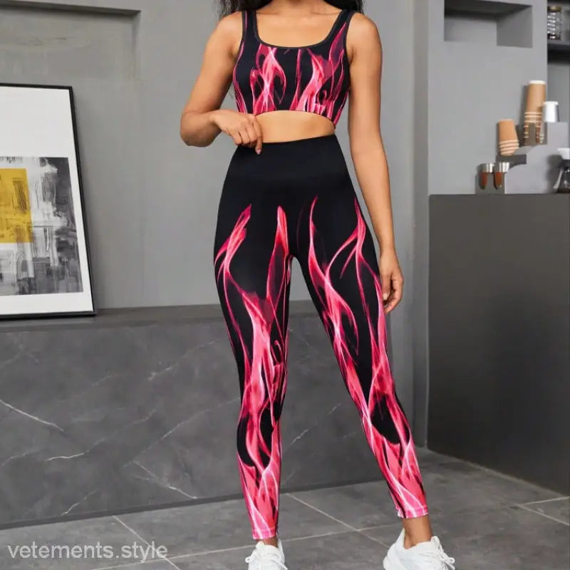 Stylish high elastic fitness two-piece set with crop top and leggings in pink flame design