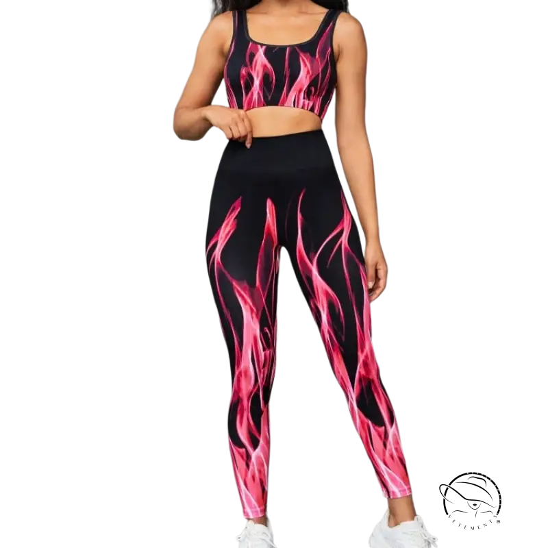 Stylish high elastic fitness two-piece set with pink flame pattern
