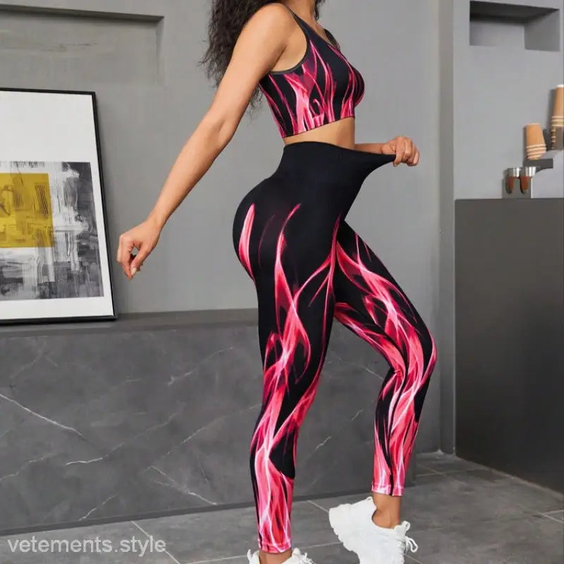Vibrant pink and black flame-patterned high elastic fitness two piece workout set