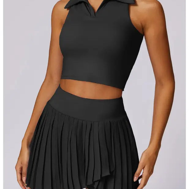 Stylish black sleeveless crop top and pleated mini skirt with Swan White Suit