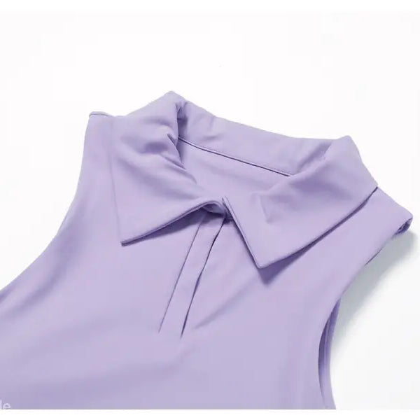Sleeveless lavender blouse with collar paired with Swan White Suit for a romantic look