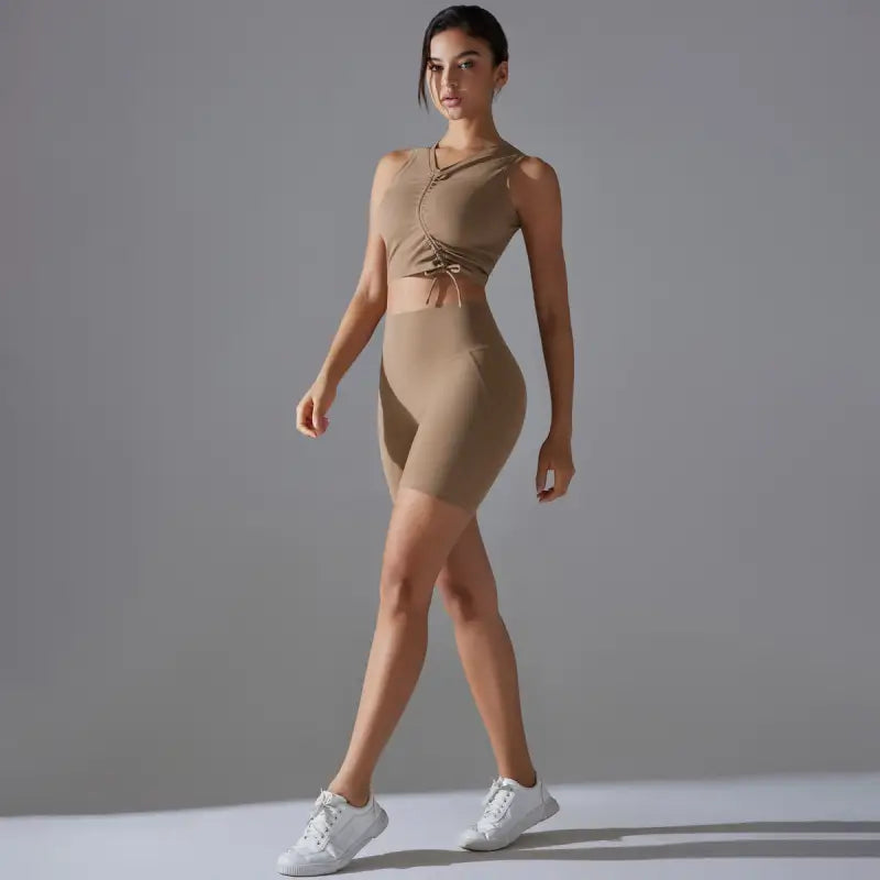 Tan athletic crop top and shorts set for fitness yoga, Slim Nylon high rise yoga set