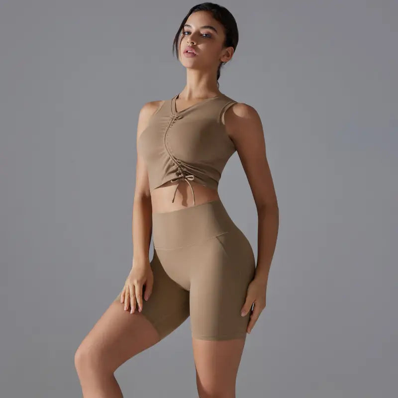 Matching athletic top and shorts from Sporty Slim Nylon Yoga Set for fitness yoga