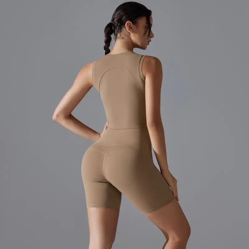 Tan athletic bodysuit from Sporty Slim Nylon Sleeveless High Rise Yoga Set for fitness yoga