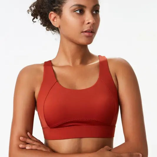Rust-colored Sporty Spandex Sports Bra with Integrated Mold Cup and Cutout Back