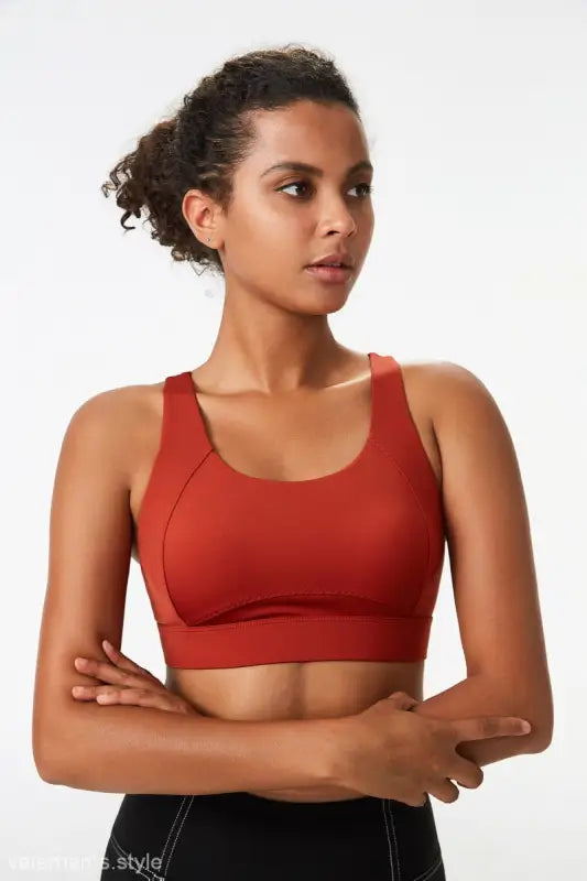Rust-colored sporty spandex sports bra integrated mold cup