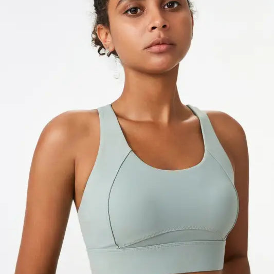 Light green sports bra integrated mold cup with cutout back from Sporty Spandex collection