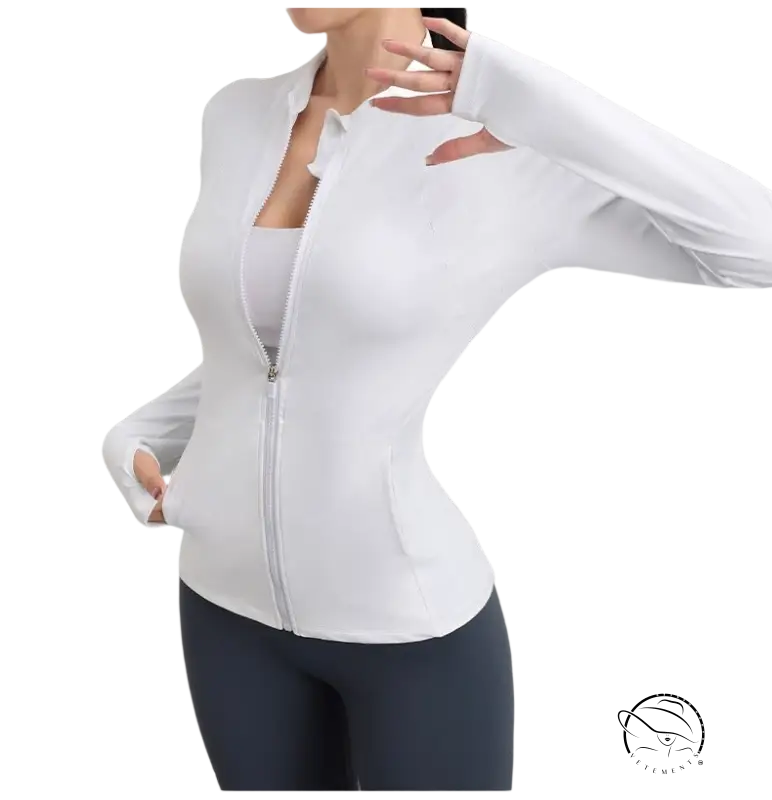 Coral red and navy blue yoga coat: white zip-up athletic jacket with fitted silhouette