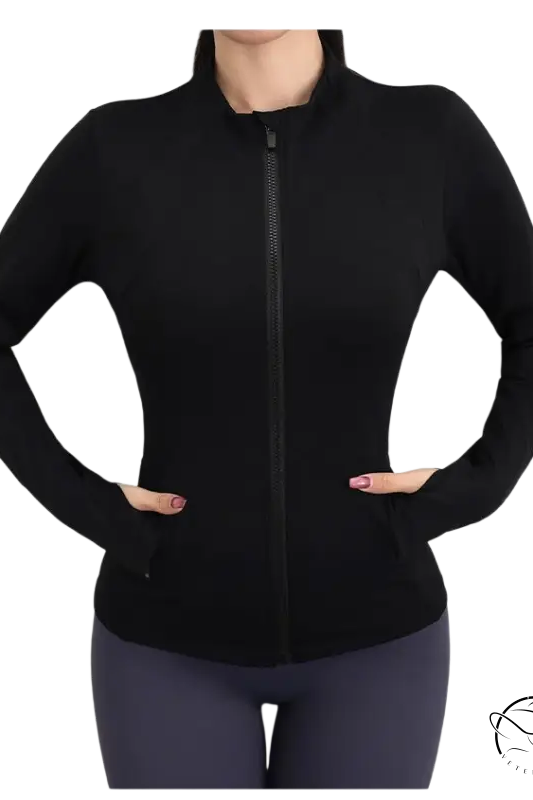 Coral red and navy blue yoga coat: black zip-up athletic jacket with long sleeves and side pockets