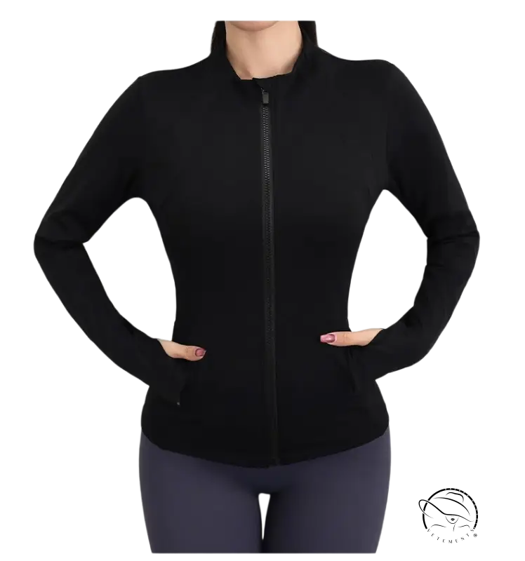 Coral red and navy blue yoga coat: black zip-up athletic jacket with long sleeves and side pockets