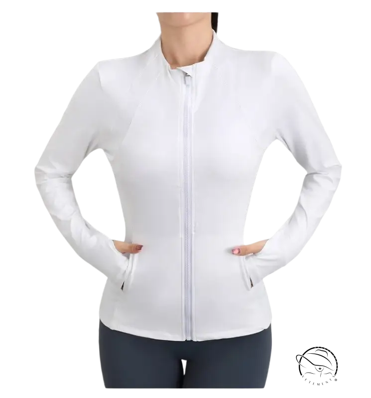 White coral red and navy blue yoga coat with long sleeves and zip-up design