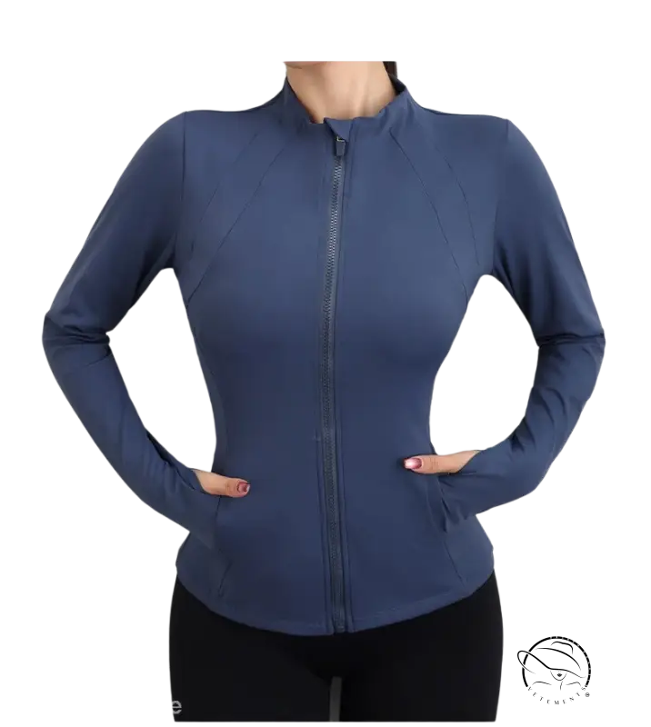 Navy blue yoga coat with zipper top and side pockets