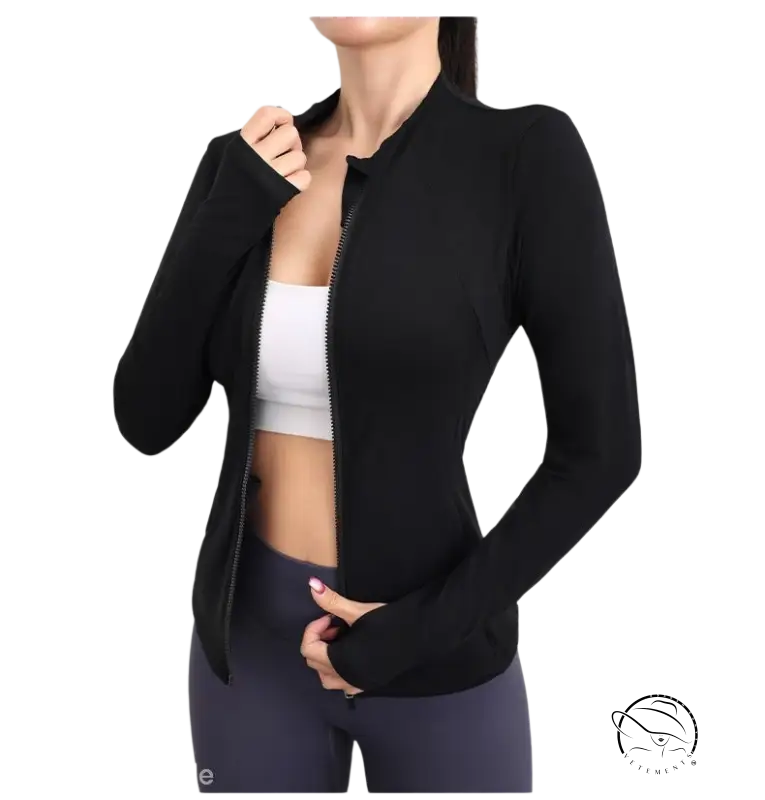 Black zip-up yoga coat in coral red and navy blue, form-fitting athletic design