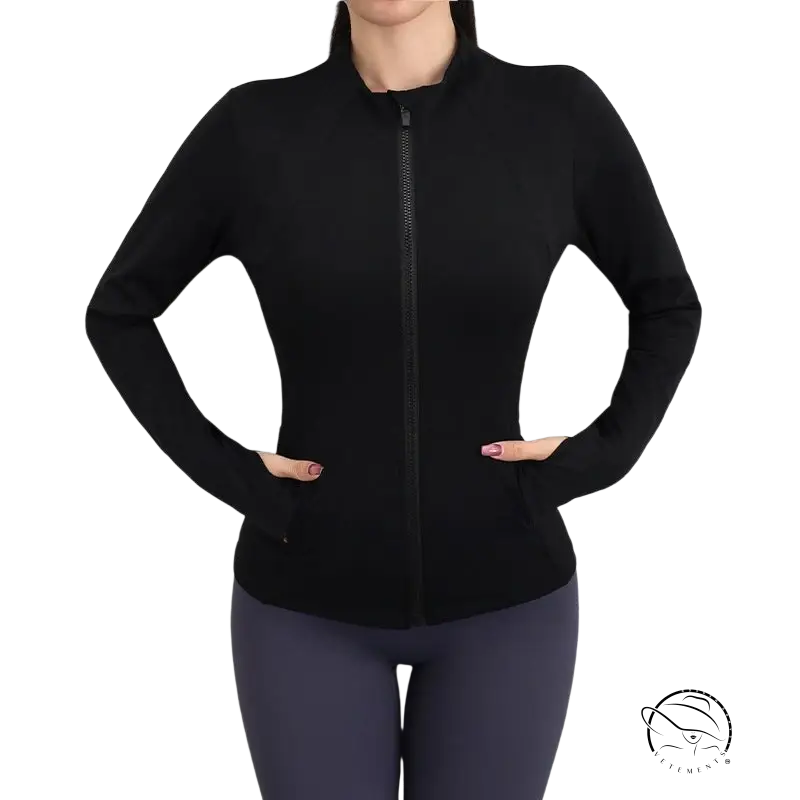 Sleek coral red and navy blue yoga coat with long sleeves and zipper