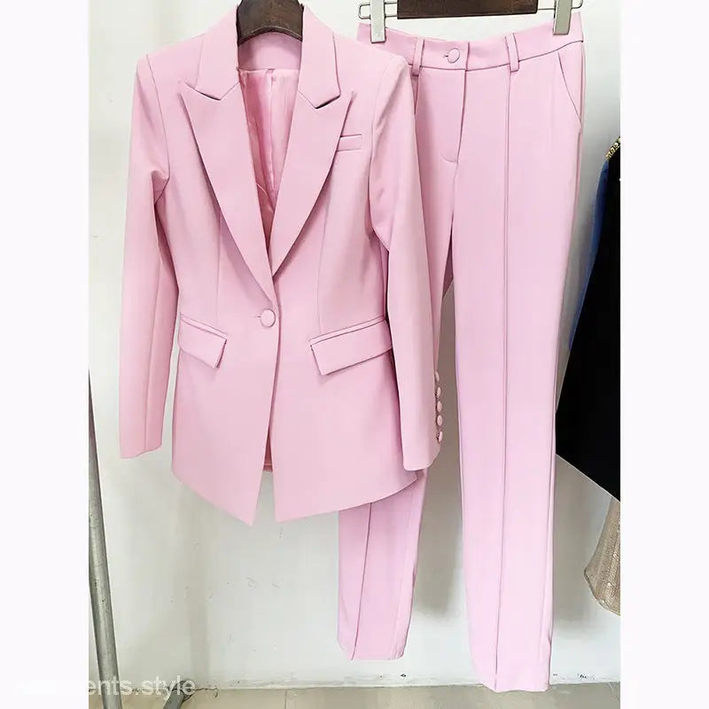 Pink women’s Star Business Suit, a stylish polyester mid-length officewear option