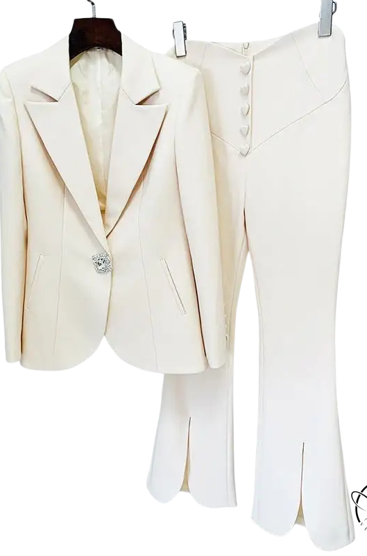 Cream-colored Stars Cover Work Suit with rhinestones and flared pants