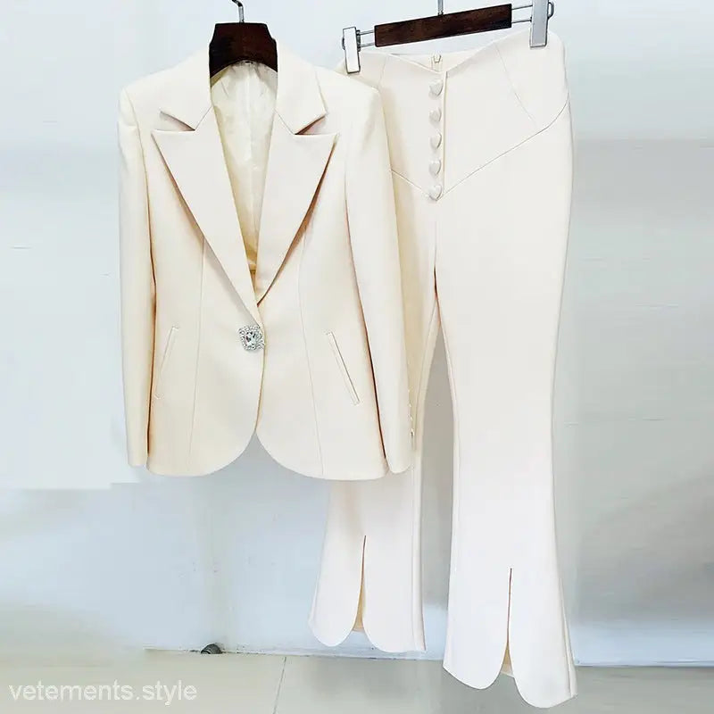 Cream-colored Stars Cover Work Suit featuring a blazer and flared trousers with rhinestones